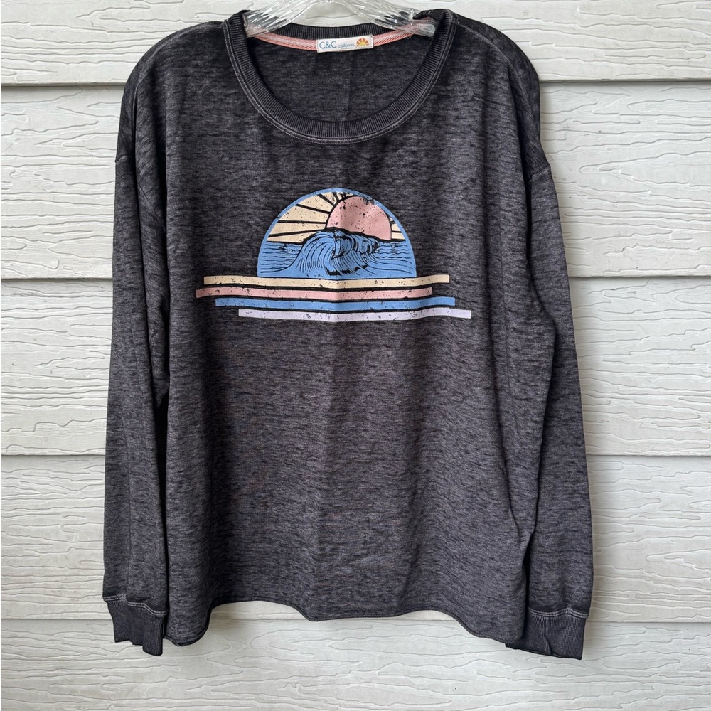 C&C California Gray Long Sleeve Tee with Graphic Design LG New Without Tag